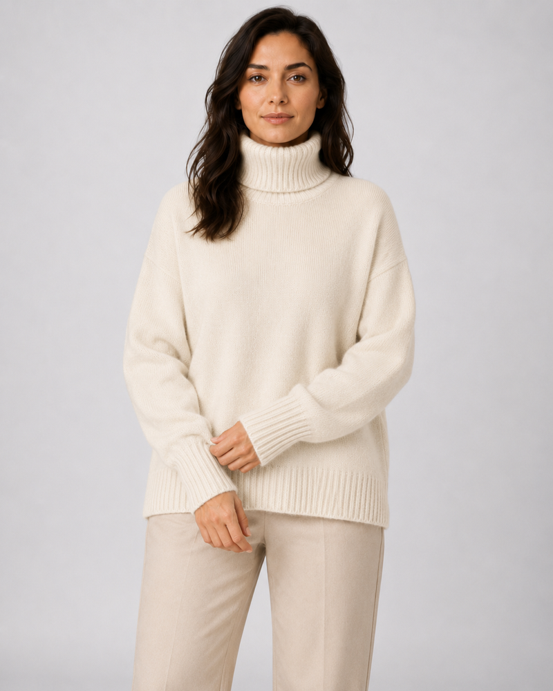 Cream long-sleeve turtleneck sweater with ribbed collar, cuffs, and hem