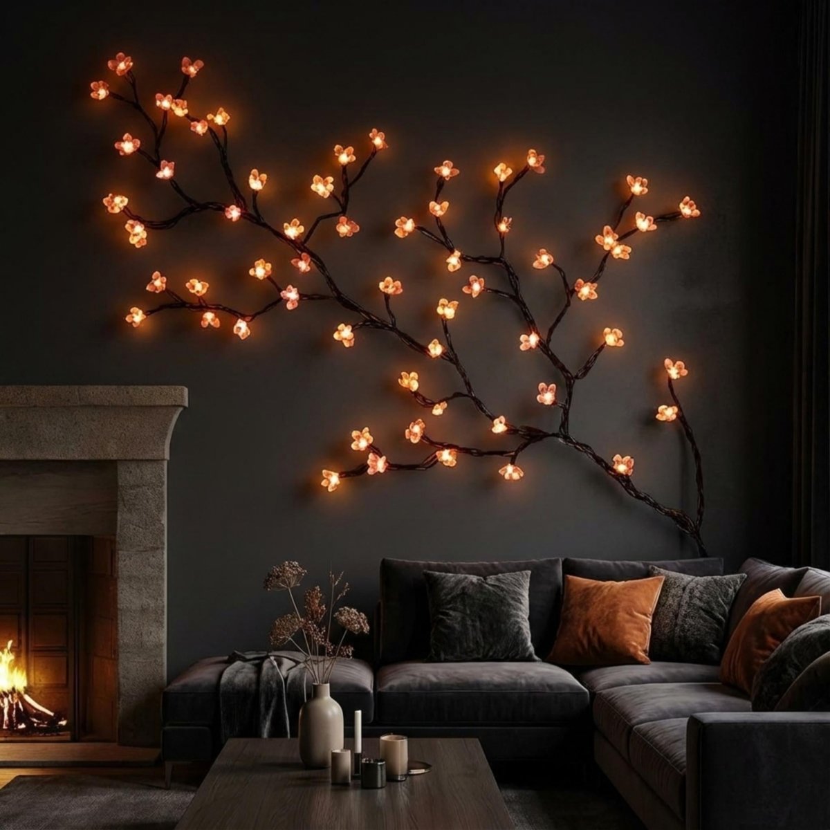 Large LED cherry blossom vine wall art with warm glowing light clusters on branches
