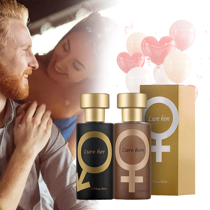 Two perfume bottles and boxes: black 'Lure her' and brown 'Lure him' with gold caps