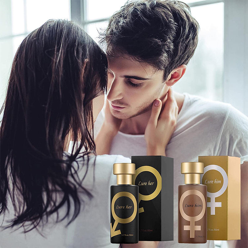 Black and brown perfume bottles with gold caps and matching 'Lure her' and 'Lure him' boxes