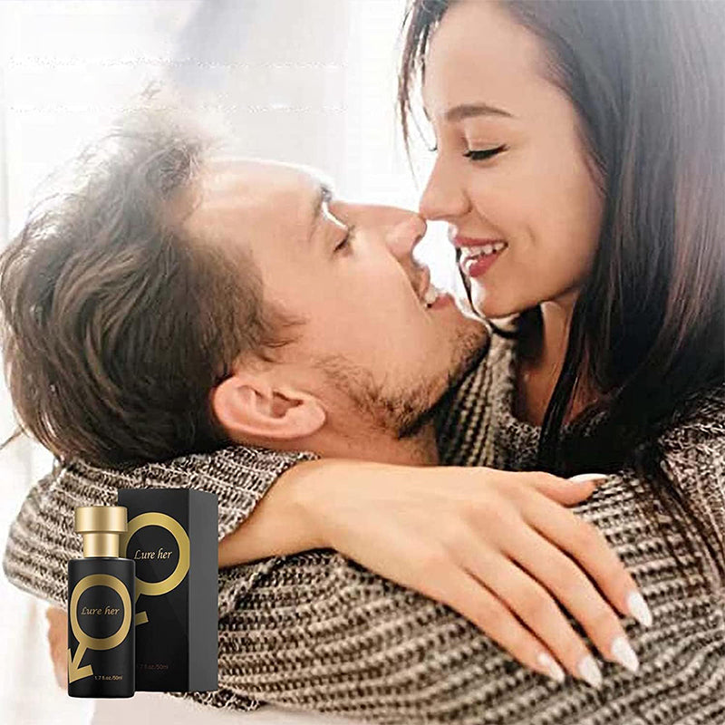 Black perfume bottle with gold cap and small 'Lure her' box