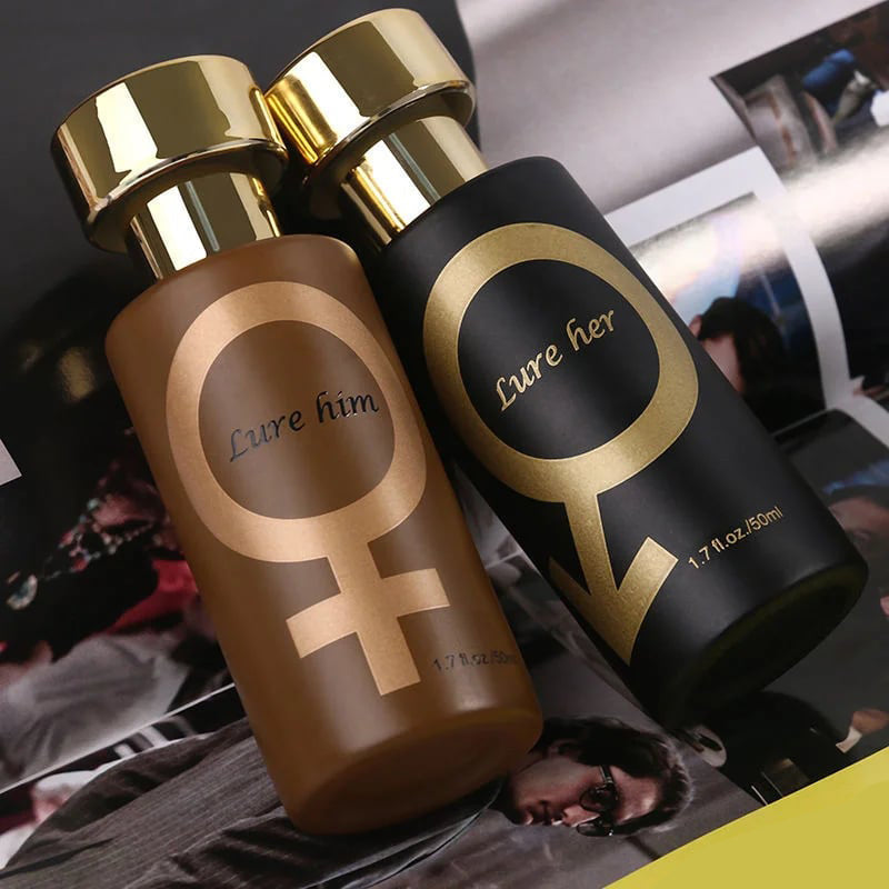 Gold-capped black and brown perfume bottles with 'Lure her' and 'Lure him' labels