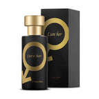 Black perfume bottle with gold cap and box, 'Lure her' gold label design