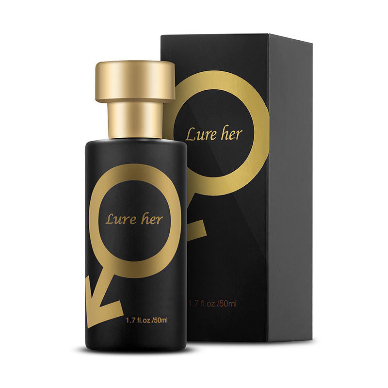 Black perfume bottle with gold cap and box, 'Lure her' gold label design