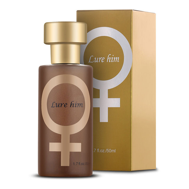 Brown perfume bottle with gold cap and box, 'Lure him' gold label design