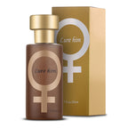 Brown perfume bottle with gold cap and box, 'Lure him' gold label design