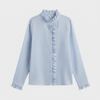 Light blue long-sleeve ruffle button-up blouse with front buttons and ruffled trim