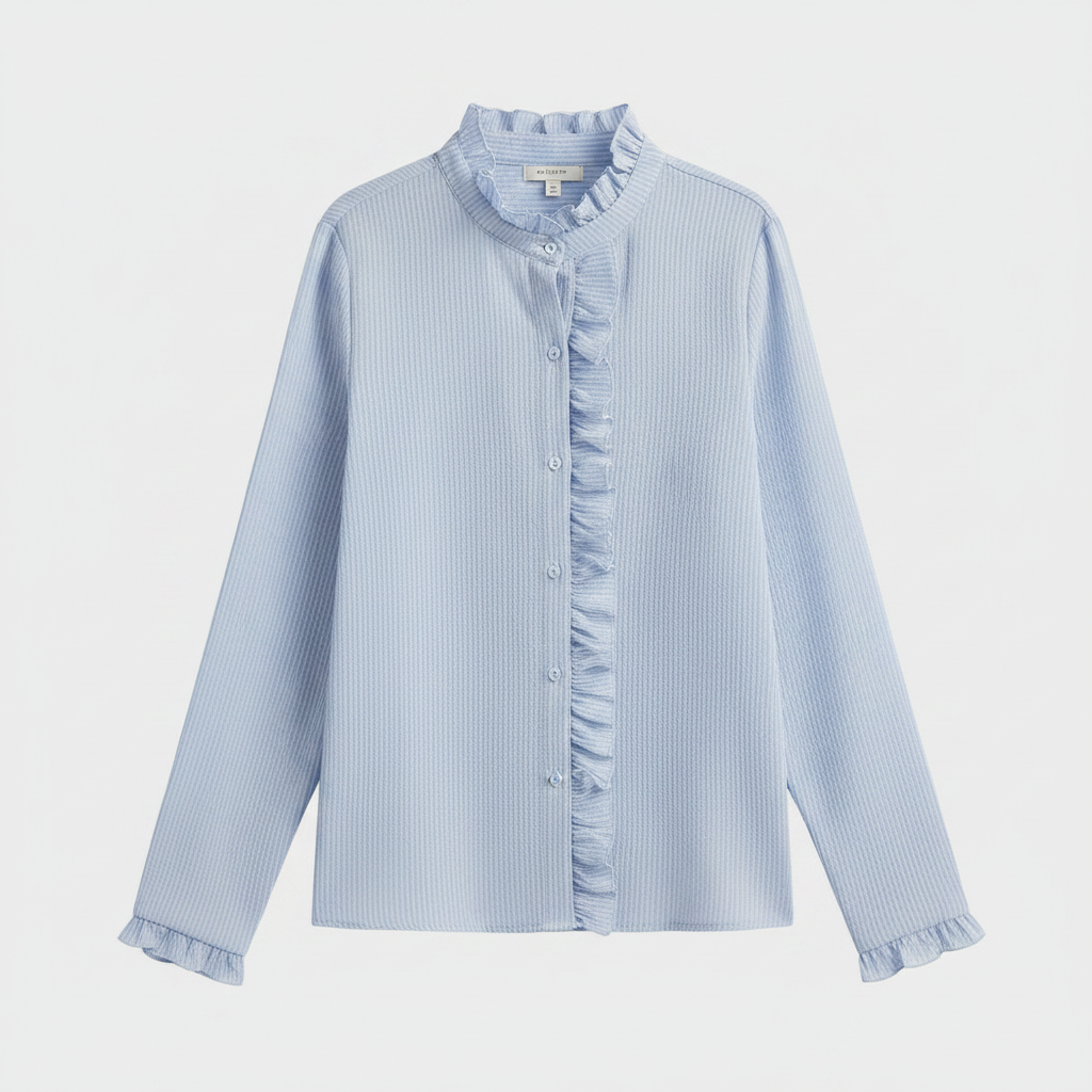 Light blue long-sleeve ruffle button-up blouse with front buttons and ruffled trim