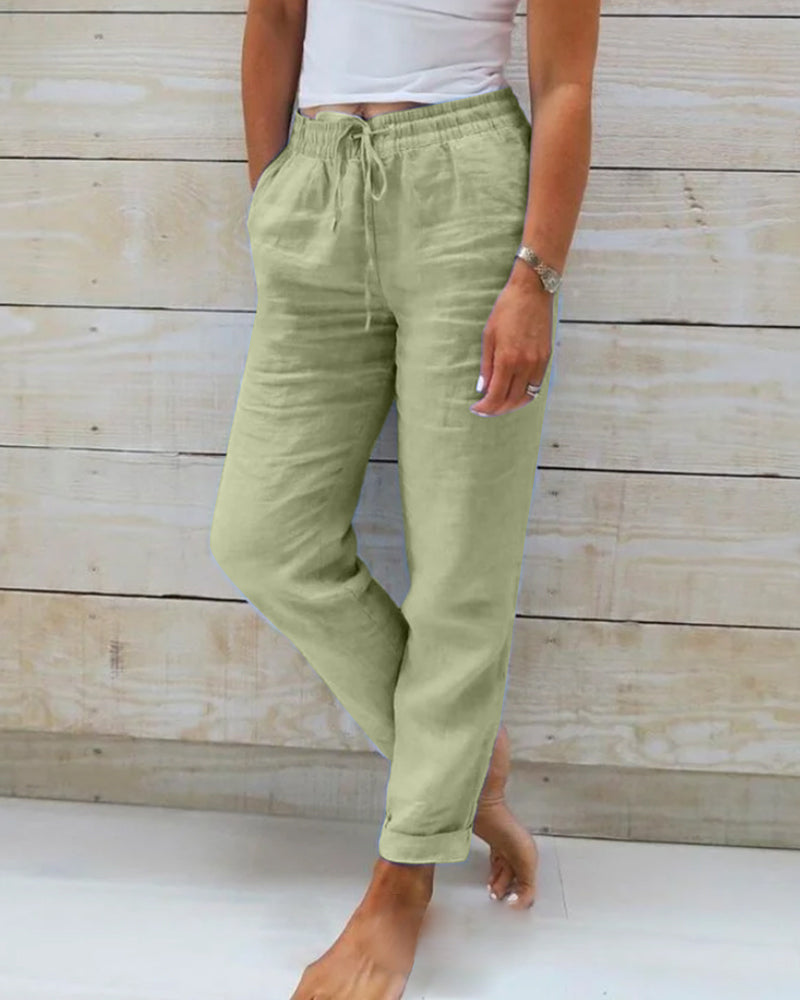 Light green relaxed drawstring casual pants with pockets and ankle cuffs