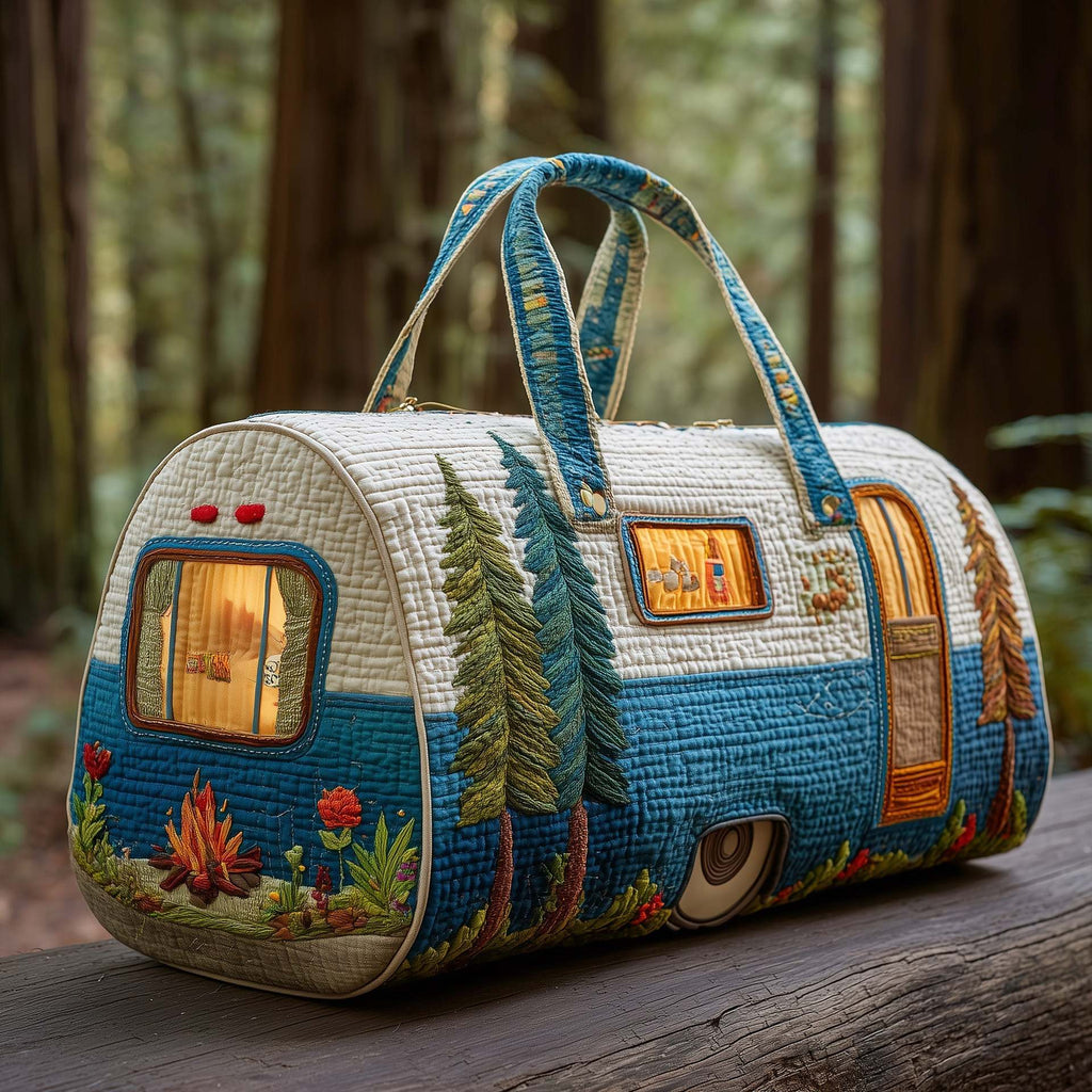 Quilted camper-style travel bag with forest trees embroidery, window patch, and teal handle