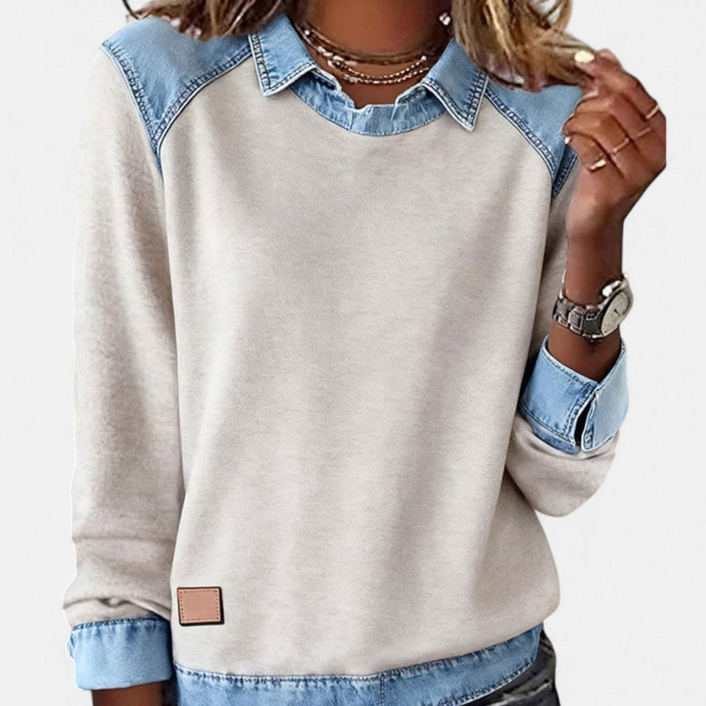 Chāme women's sweater with denim collar, cuffs, and hem