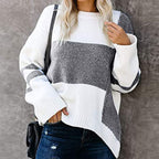 Women’s striped colorblock sweater, gray and white stripes, long sleeves with cuffs