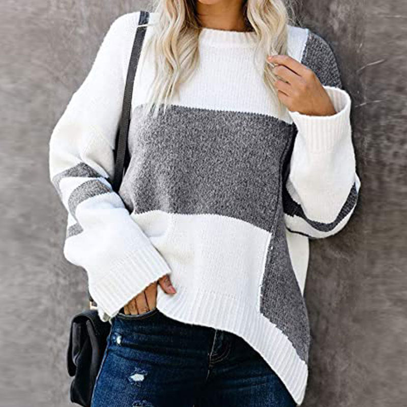 Women’s striped colorblock sweater, gray and white stripes, long sleeves with cuffs