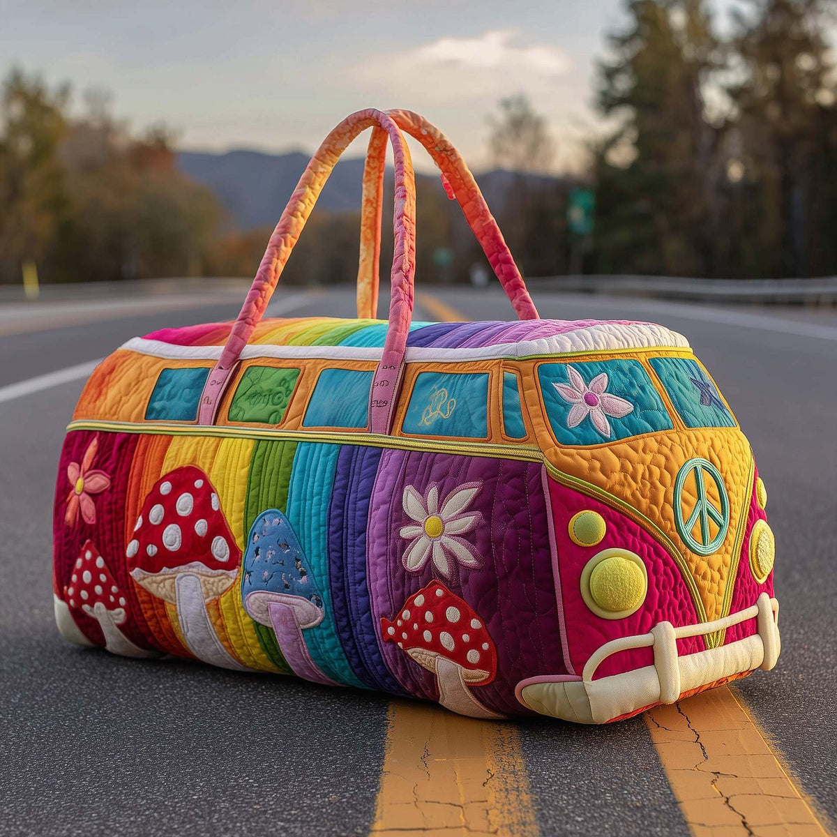 Colorful quilted padded travel bag with peace sign, flowers, and mushroom patchwork