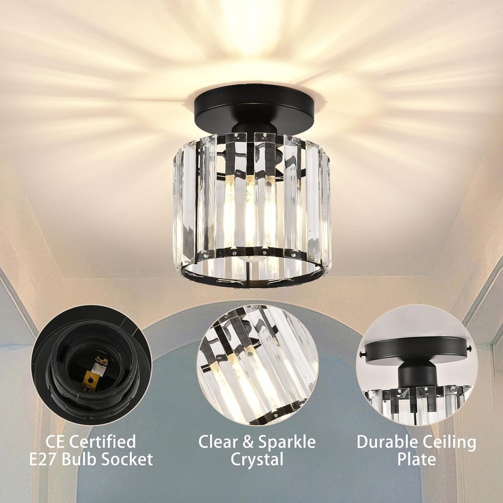 Black crystal flush mount ceiling lamp with clear cylindrical crystal shade