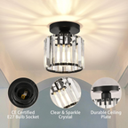Black crystal flush mount ceiling lamp with clear cylindrical crystal shade