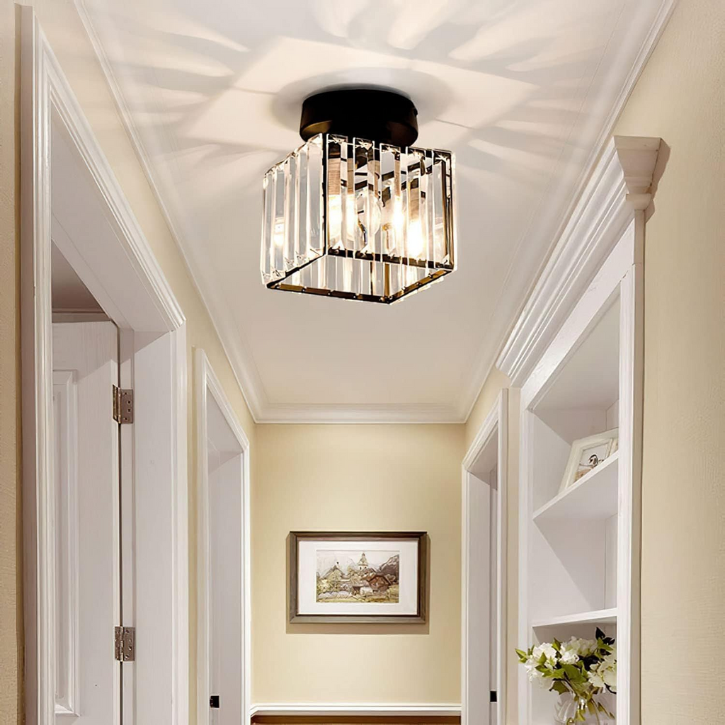 Black square crystal flush mount ceiling lamp with clear prism panels and warm bulbs
