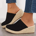 Espadrille wedge mule care instructions graphic with shoe icon and cleaning tips.