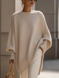 Oversized poncho sweater with ribbed crew neckline, off-white