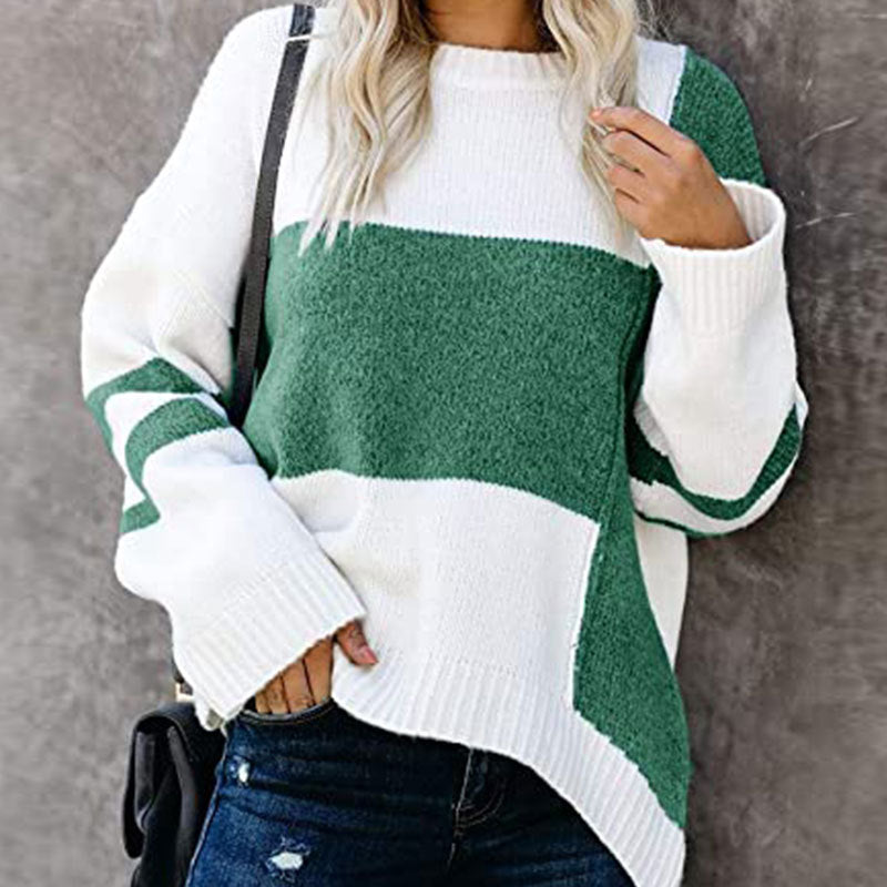 Women’s striped colorblock sweater, green and white stripes, long sleeves