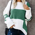 Women’s striped colorblock sweater, green and white stripes, long sleeves