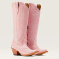 Pink embroidered western cowboy boots with pointed toe, stacked heel, side zipper