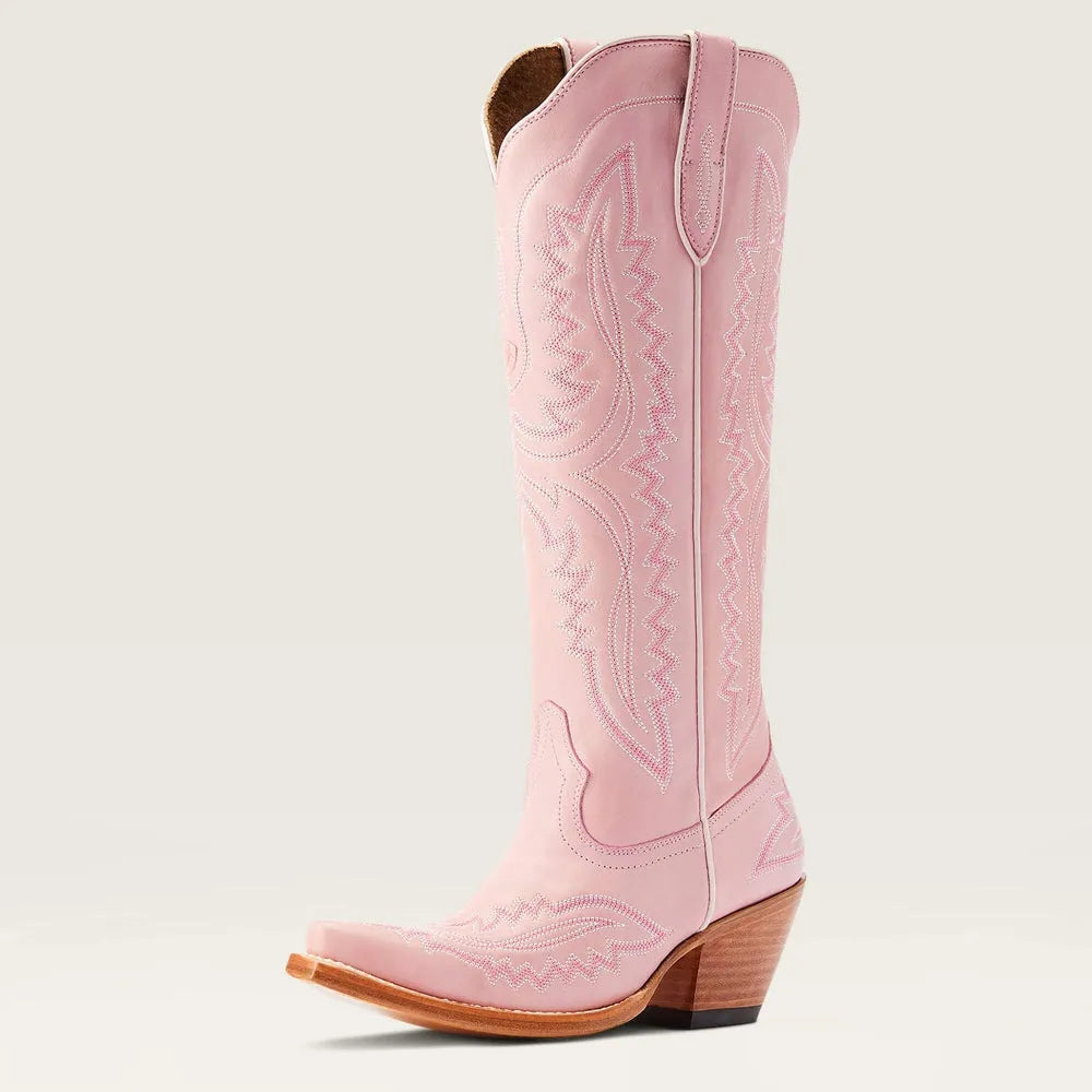 Pink western cowboy boots with decorative embroidery, pull-on tabs, stacked heel