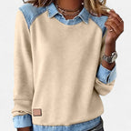 Women's layered-collar sweater in beige with denim collar, shoulders, cuffs, and hem