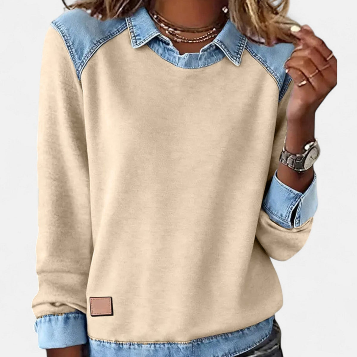 Women's layered-collar sweater in beige with denim collar, shoulders, cuffs, and hem