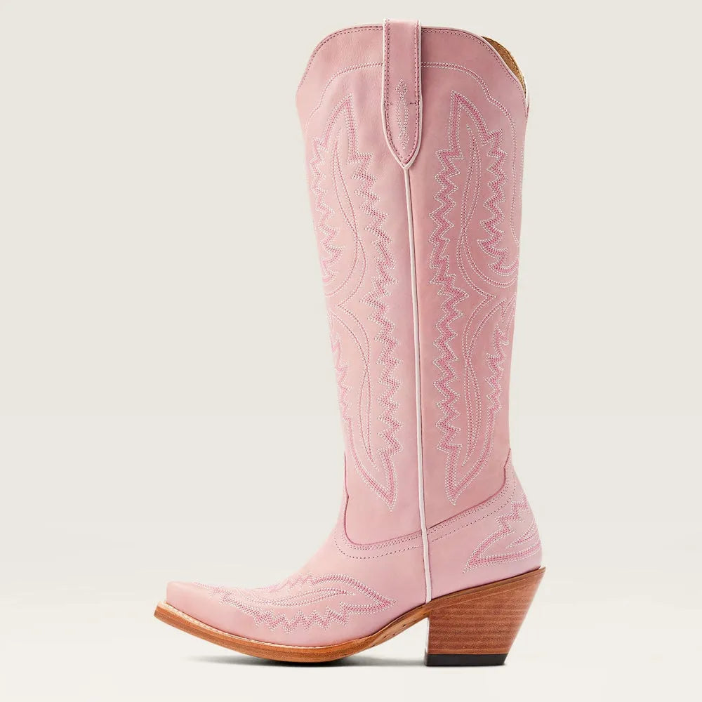 Pink western cowboy boot with stitched embroidery and low stacked block heel
