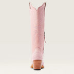 Pink tall western cowboy boots, side zipper, embroidered pattern, stacked heel
