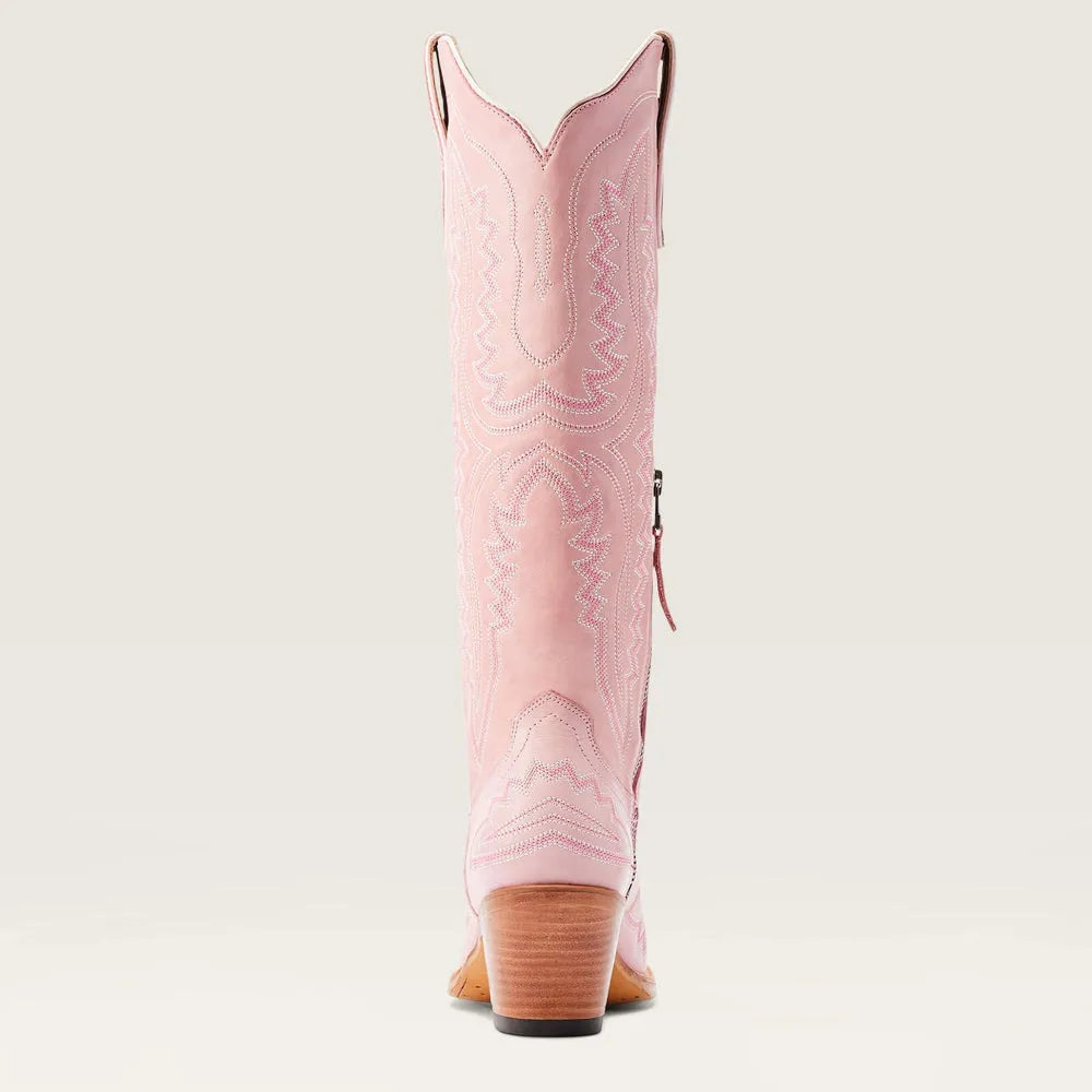 Pink tall western cowboy boots, side zipper, embroidered pattern, stacked heel