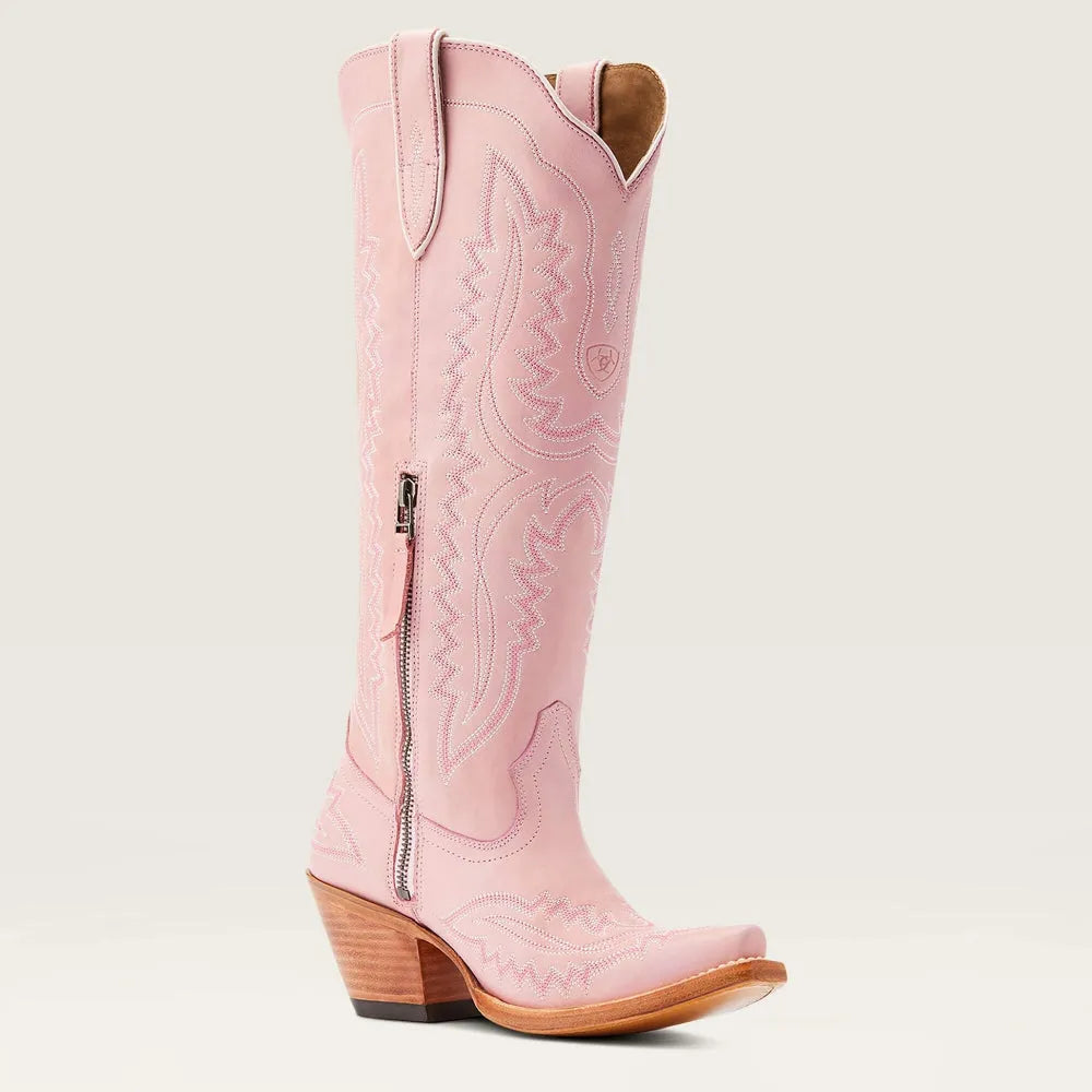 Pink western cowboy boots with intricate embroidery, side zipper, stacked heel