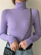 Soft knit turtleneck sweater in lavender purple with long sleeves and ribbed collar.