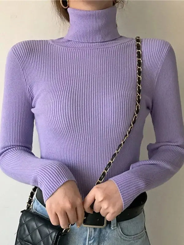 Soft knit turtleneck sweater in lavender purple with long sleeves and ribbed collar.