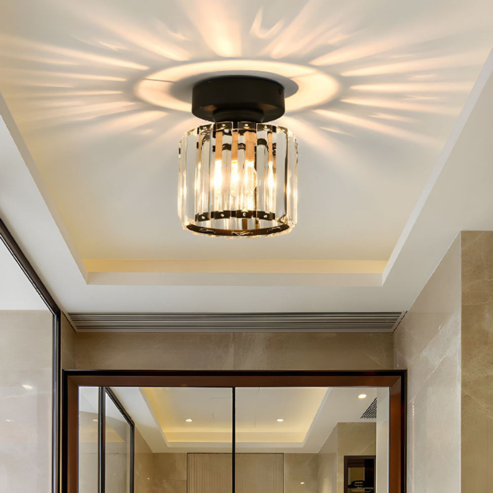 Black crystal flush mount ceiling lamp with clear prism panels and warm bulbs, round