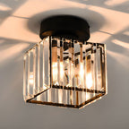 Black crystal flush mount ceiling lamp with reflective clear prism glass and warm bulbs