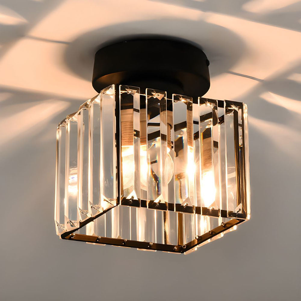 Black crystal flush mount ceiling lamp with reflective clear prism glass and warm bulbs