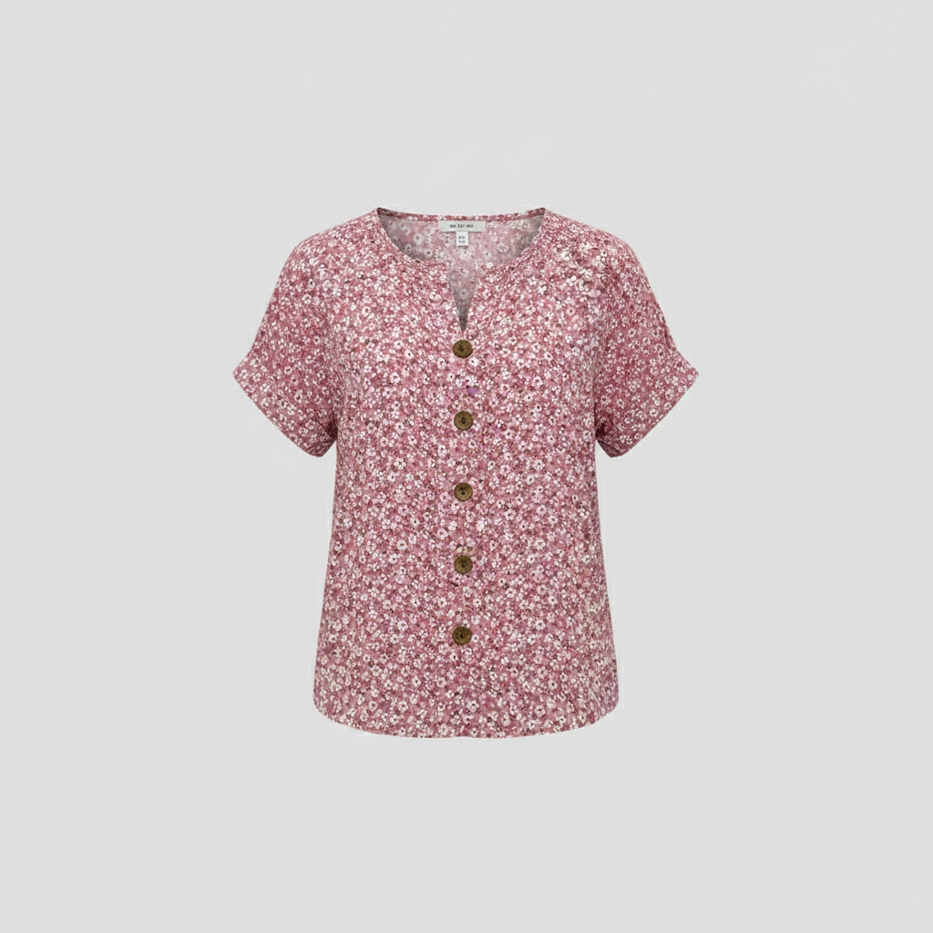 Pink floral short-sleeve button-up blouse, front view