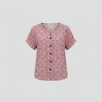 Pink floral short-sleeve button-up blouse, front view