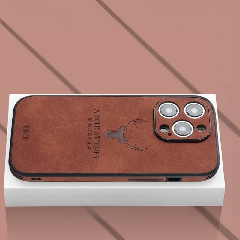 Genuine leather iPhone case with deer engraving, brown, camera cutouts, shockproof edge