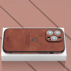 Genuine leather iPhone case with deer engraving, brown, camera cutouts, shockproof edge