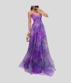Floral maxi dress with ruffled straps, square neckline, violet and purple floral ombre print.