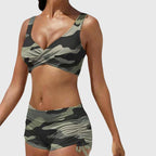 Camouflage bikini set with V-neck cross-front top and ruched drawstring swim shorts
