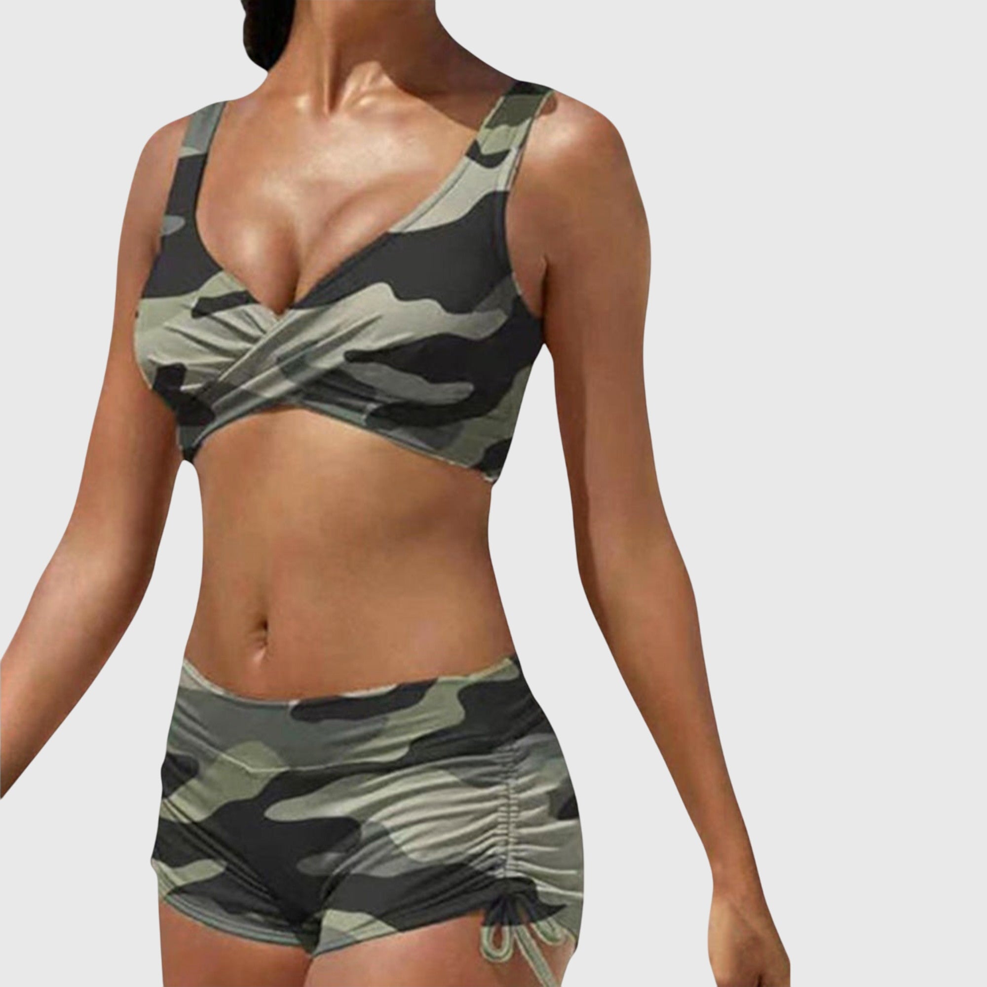 Camouflage bikini set with V-neck cross-front top and ruched drawstring swim shorts