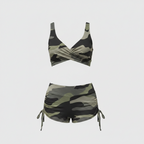 Camouflage bikini set with cross-front bralette and drawstring ruched swim shorts