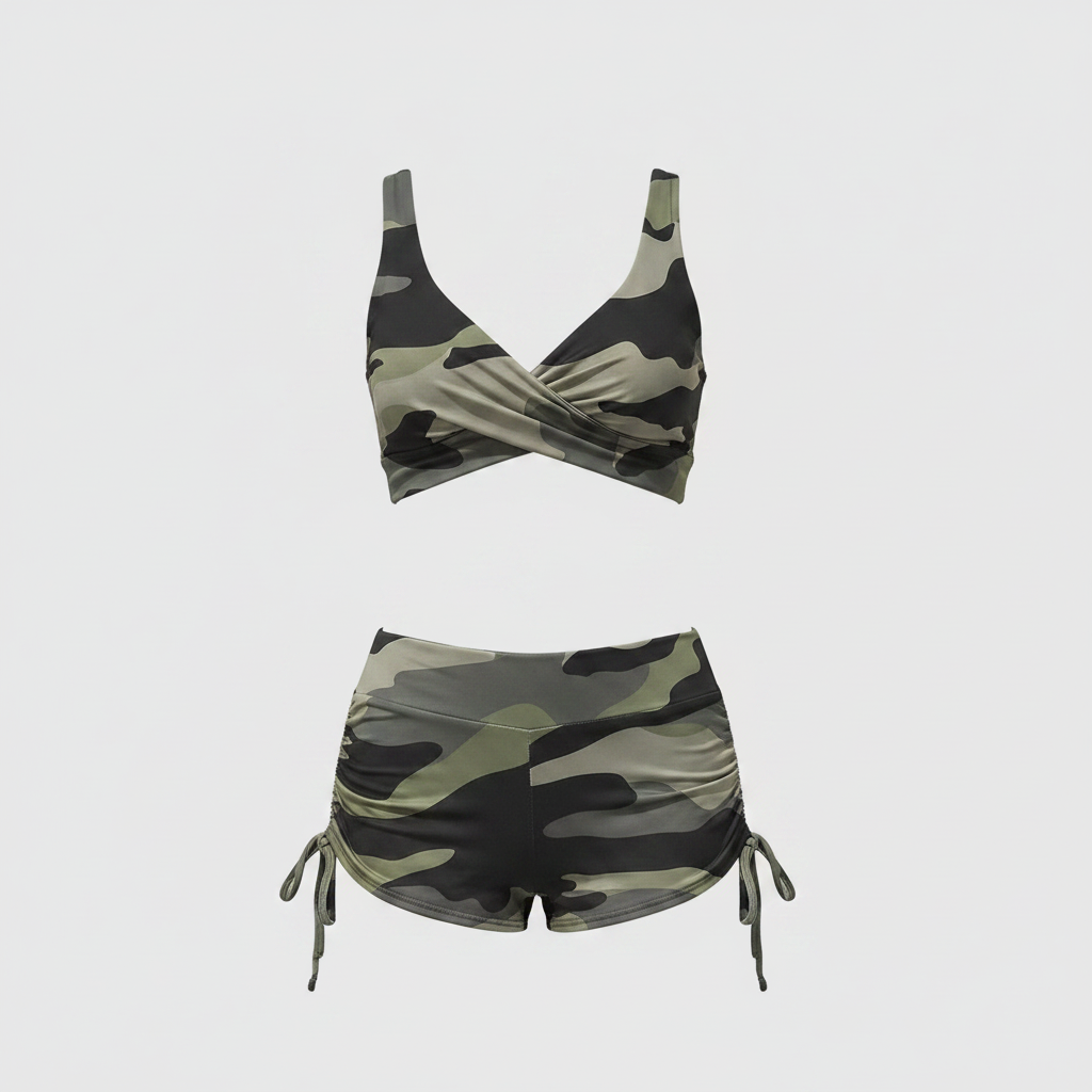 Camouflage bikini set with cross-front bralette and drawstring ruched swim shorts