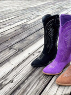 Women’s black and purple western cowboy boots with embroidered side designs