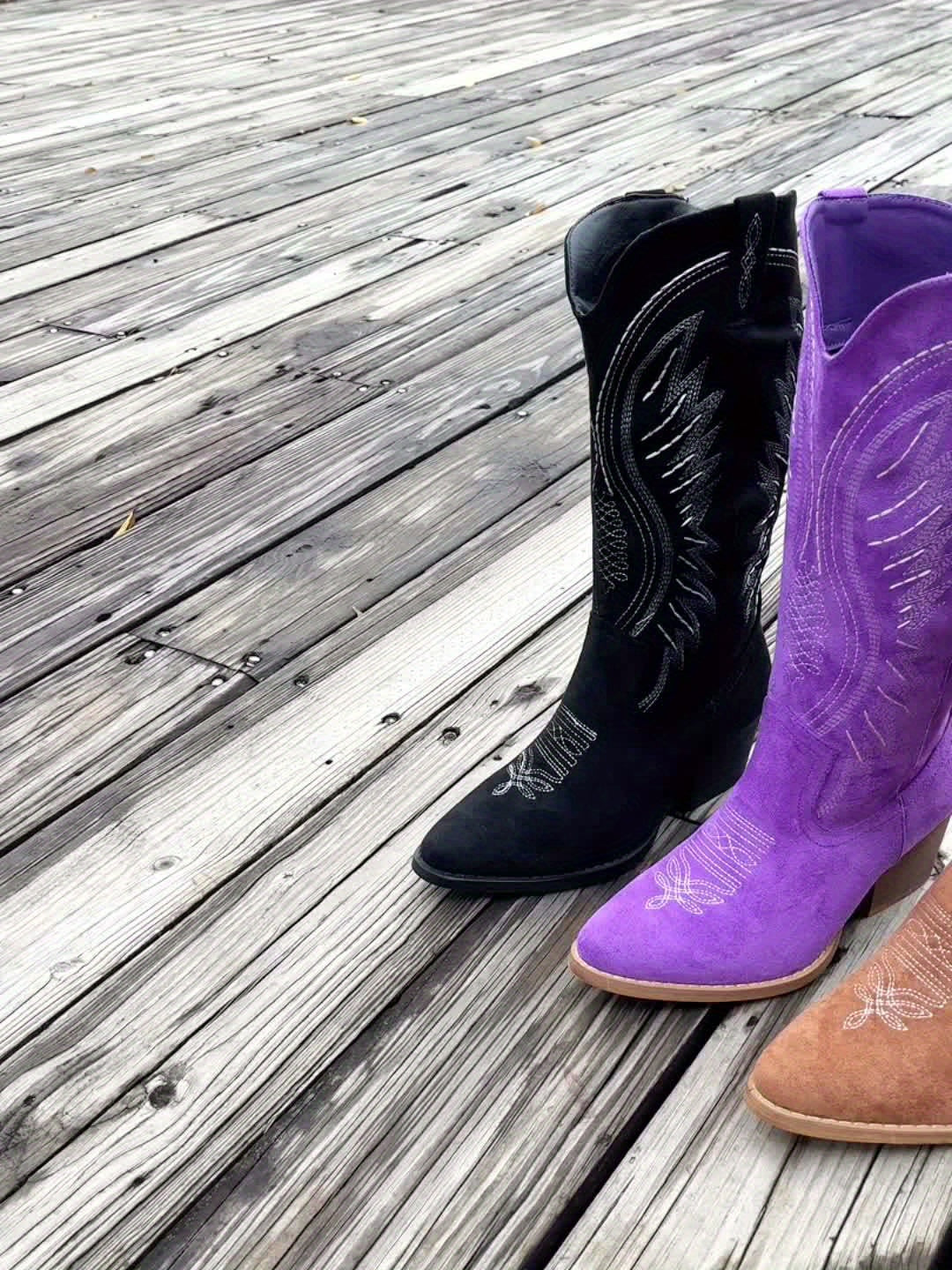 Women’s black and purple western cowboy boots with embroidered side designs