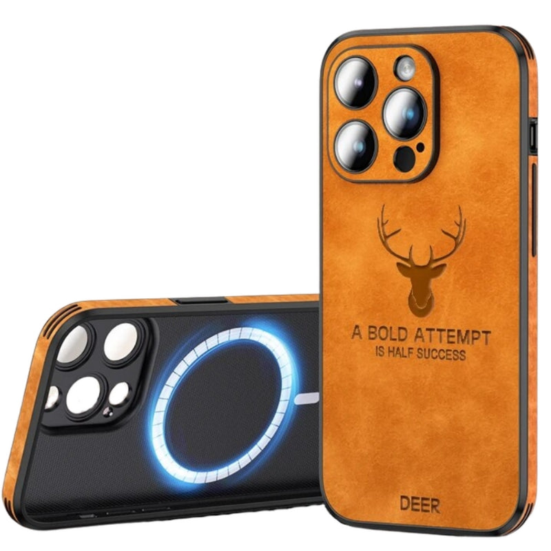 Deer leather iPhone case in tan with camera cutouts and deer emblem, plus front cover.